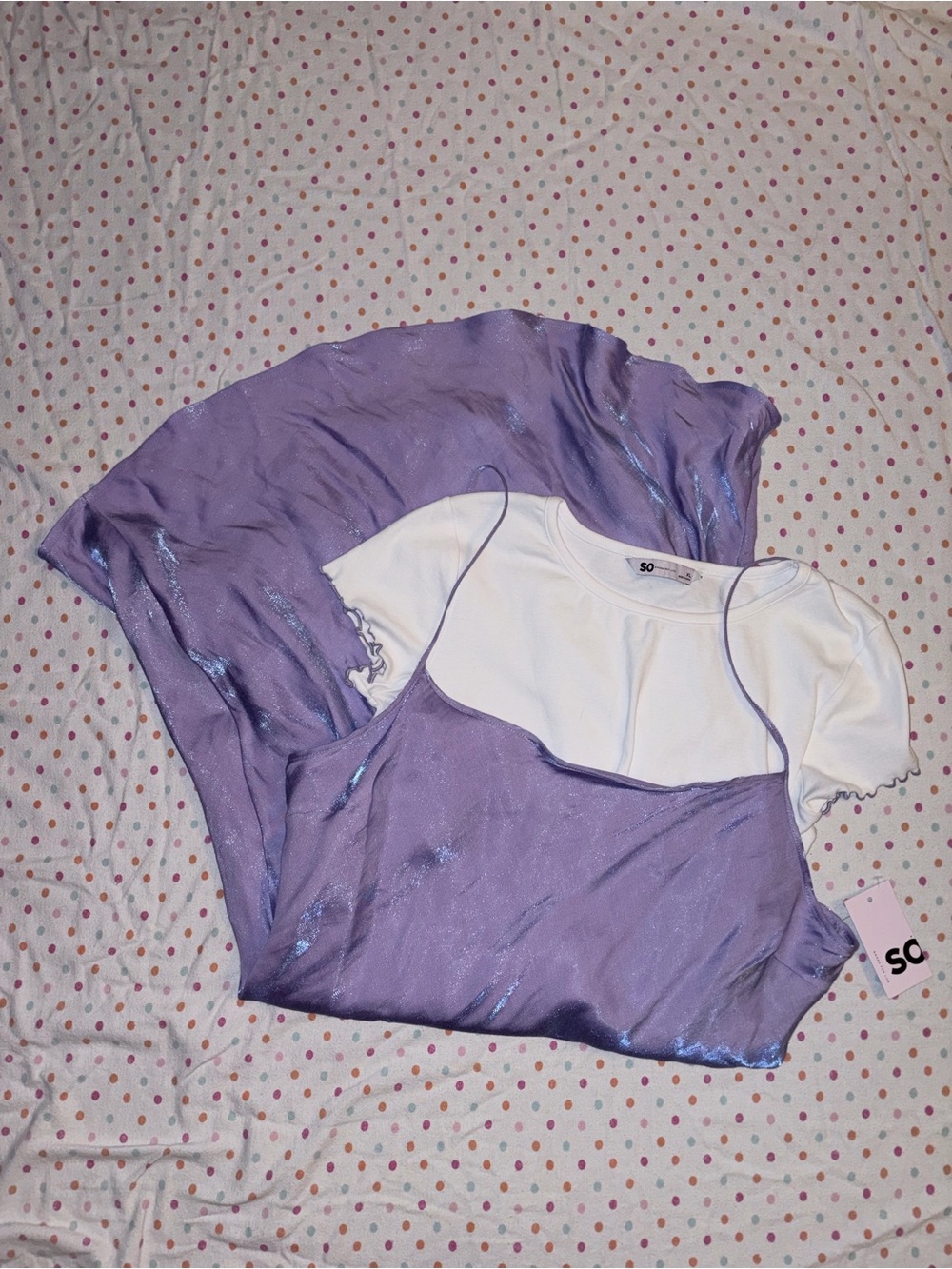 SO Lavender Shimmer Slip Dress & White Baby Tee Set XL NWT
